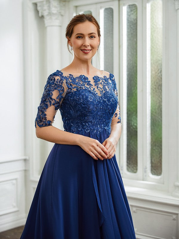 Tania A-Line/Princess Chiffon Applique Bateau 1/2 Sleeves Tea-Length Mother of the Bride Dresses SWKP0020279