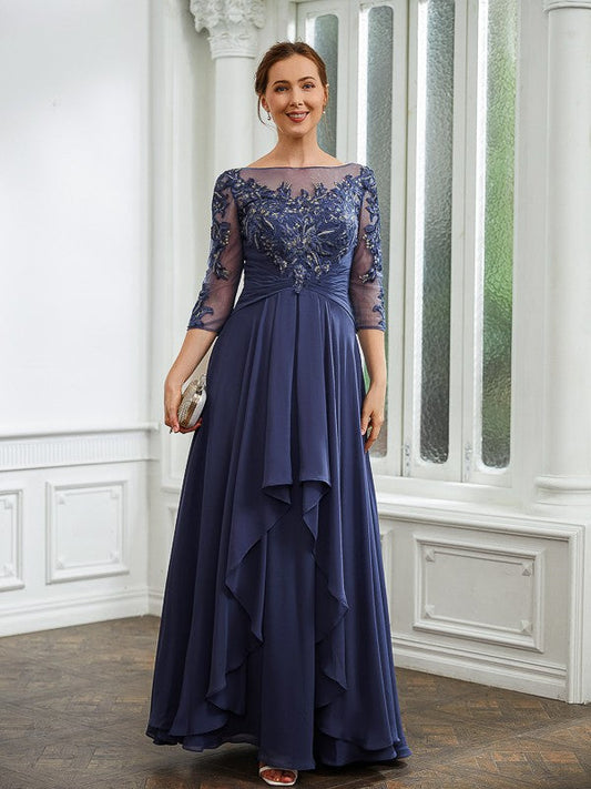 Philippa A-Line/Princess Chiffon Applique Bateau 3/4 Sleeves Floor-Length Mother of the Bride Dresses SWKP0020266