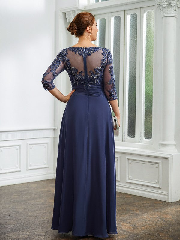 Philippa A-Line/Princess Chiffon Applique Bateau 3/4 Sleeves Floor-Length Mother of the Bride Dresses SWKP0020266