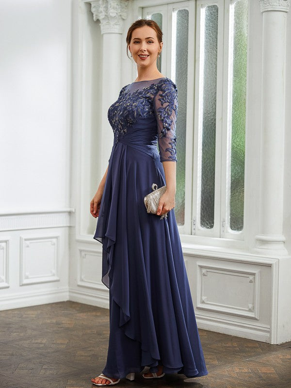 Philippa A-Line/Princess Chiffon Applique Bateau 3/4 Sleeves Floor-Length Mother of the Bride Dresses SWKP0020266