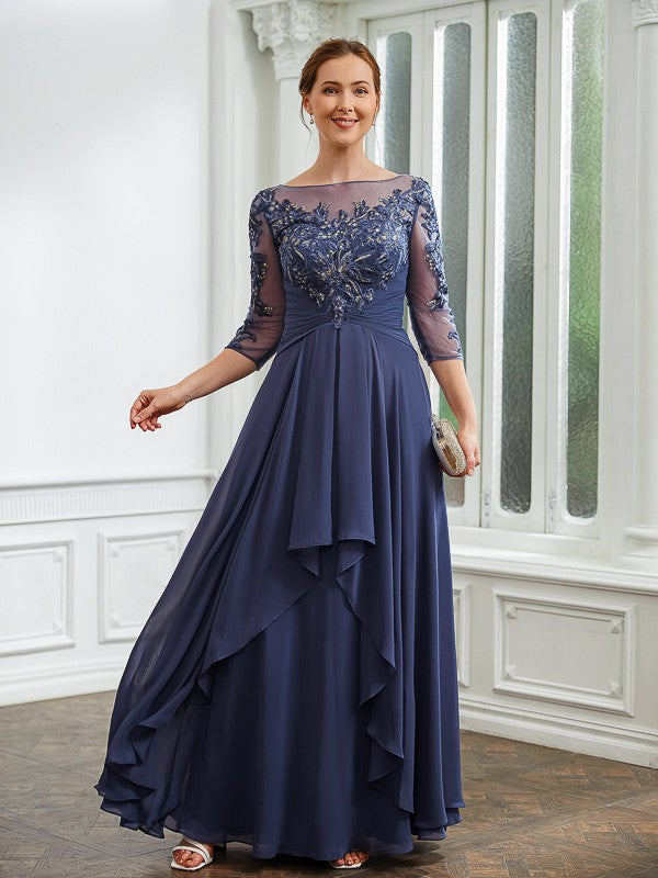 Philippa A-Line/Princess Chiffon Applique Bateau 3/4 Sleeves Floor-Length Mother of the Bride Dresses SWKP0020266