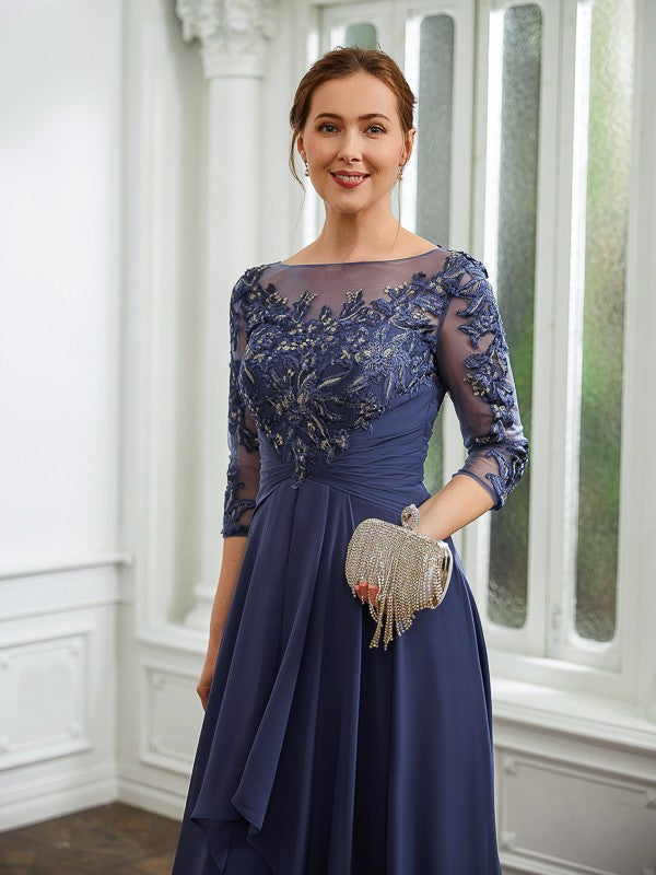 Philippa A-Line/Princess Chiffon Applique Bateau 3/4 Sleeves Floor-Length Mother of the Bride Dresses SWKP0020266