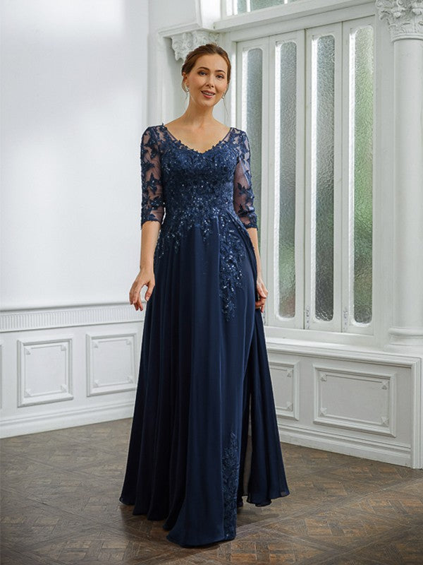 Liana A-Line/Princess Chiffon Applique V-neck 3/4 Sleeves Floor-Length Mother of the Bride Dresses SWKP0020267