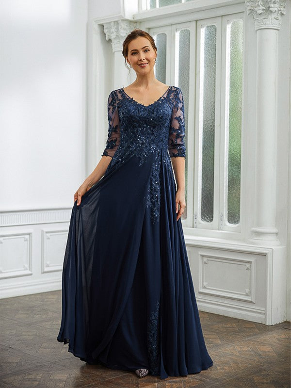 Liana A-Line/Princess Chiffon Applique V-neck 3/4 Sleeves Floor-Length Mother of the Bride Dresses SWKP0020267