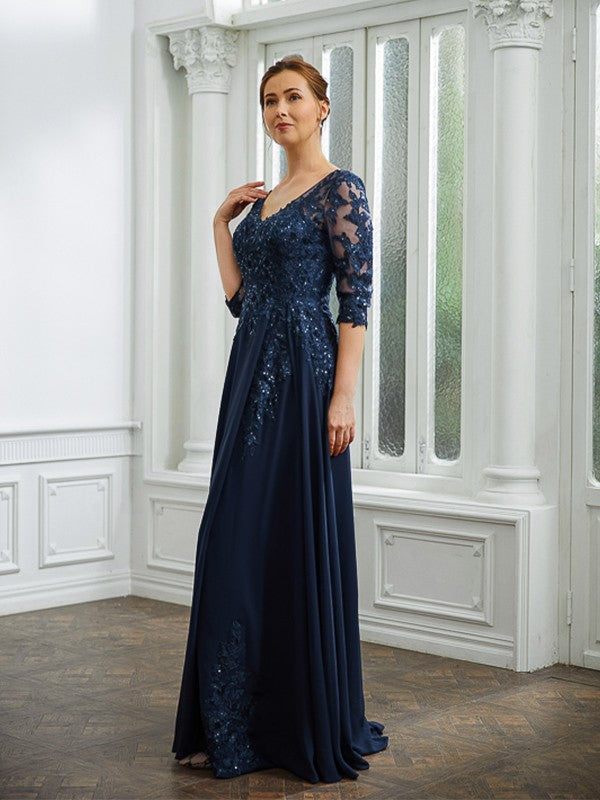 Liana A-Line/Princess Chiffon Applique V-neck 3/4 Sleeves Floor-Length Mother of the Bride Dresses SWKP0020267