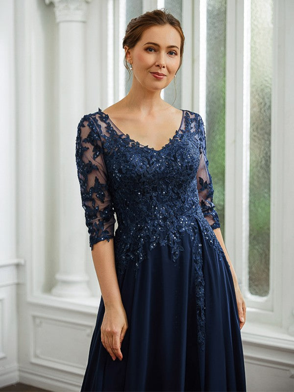 Liana A-Line/Princess Chiffon Applique V-neck 3/4 Sleeves Floor-Length Mother of the Bride Dresses SWKP0020267