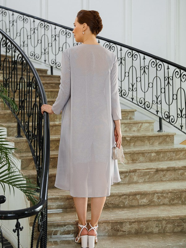 Penelope Sheath/Column Chiffon Applique Bateau 3/4 Sleeves Short/Mini Mother of the Bride Dresses SWKP0020270