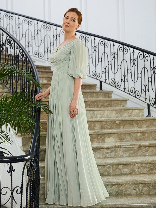 Sal A-Line/Princess Chiffon Ruched V-neck 1/2 Sleeves Floor-Length Mother of the Bride Dresses SWKP0020271