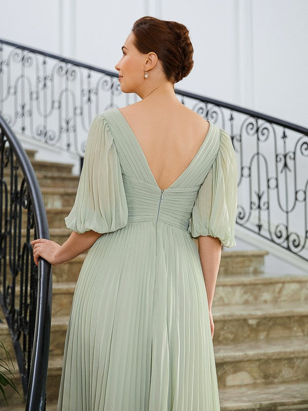 Sal A-Line/Princess Chiffon Ruched V-neck 1/2 Sleeves Floor-Length Mother of the Bride Dresses SWKP0020271