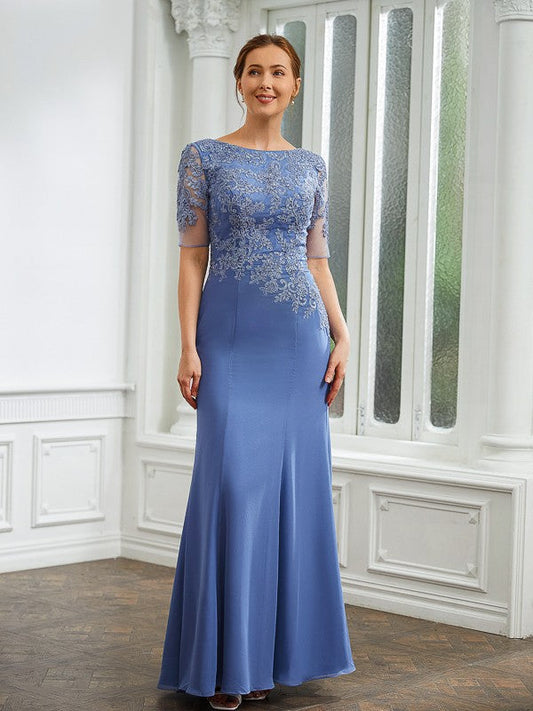 Sibyl Sheath/Column Chiffon Applique Bateau Short Sleeves Floor-Length Mother of the Bride Dresses SWKP0020272