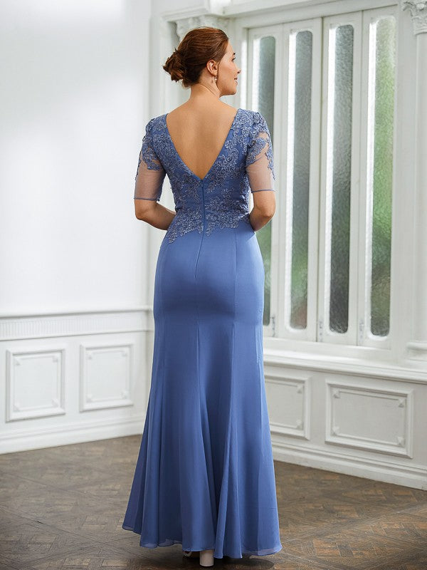 Sibyl Sheath/Column Chiffon Applique Bateau Short Sleeves Floor-Length Mother of the Bride Dresses SWKP0020272