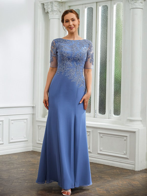 Sibyl Sheath/Column Chiffon Applique Bateau Short Sleeves Floor-Length Mother of the Bride Dresses SWKP0020272