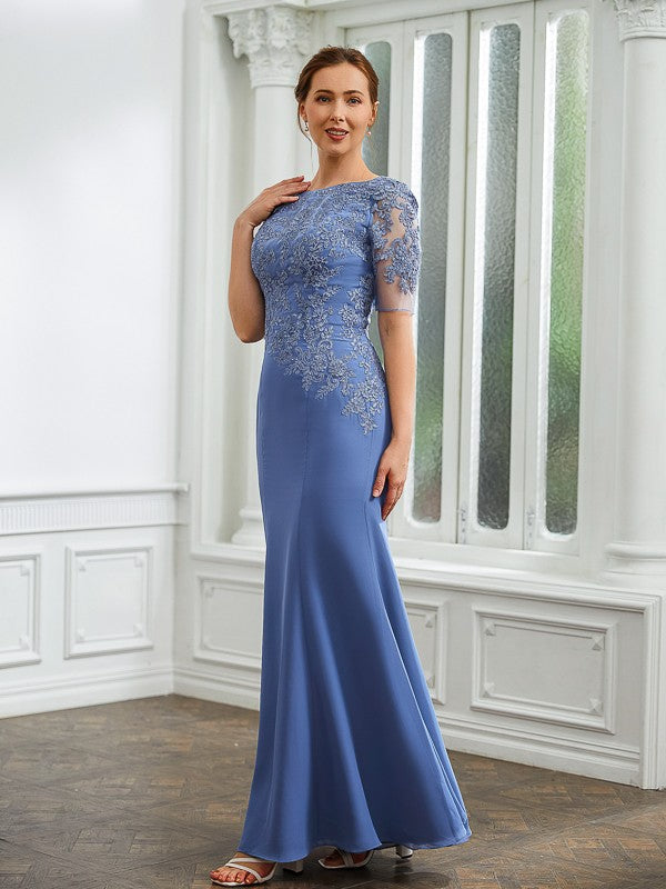 Sibyl Sheath/Column Chiffon Applique Bateau Short Sleeves Floor-Length Mother of the Bride Dresses SWKP0020272