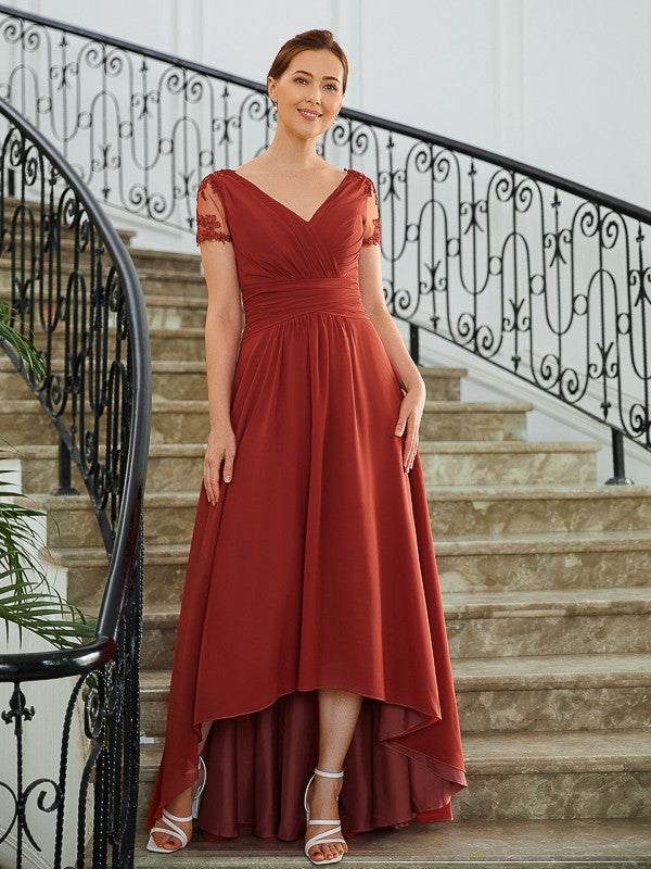 Ali A-Line/Princess Chiffon Ruched V-neck Short Sleeves Asymmetrical Mother of the Bride Dresses SWKP0020273