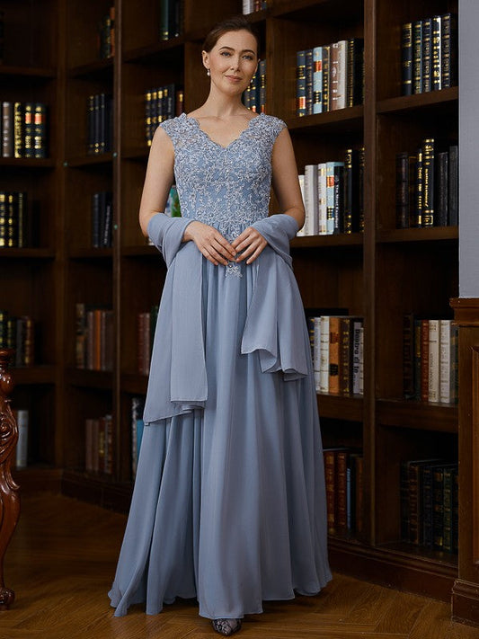 Nyla A-Line/Princess Chiffon Applique V-neck Sleeveless Floor-Length Mother of the Bride Dresses SWKP0020259