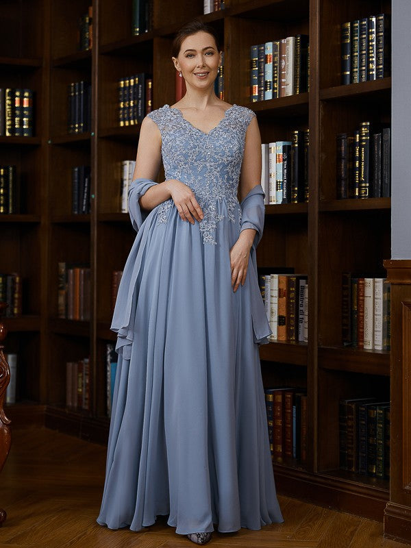 Nyla A-Line/Princess Chiffon Applique V-neck Sleeveless Floor-Length Mother of the Bride Dresses SWKP0020259