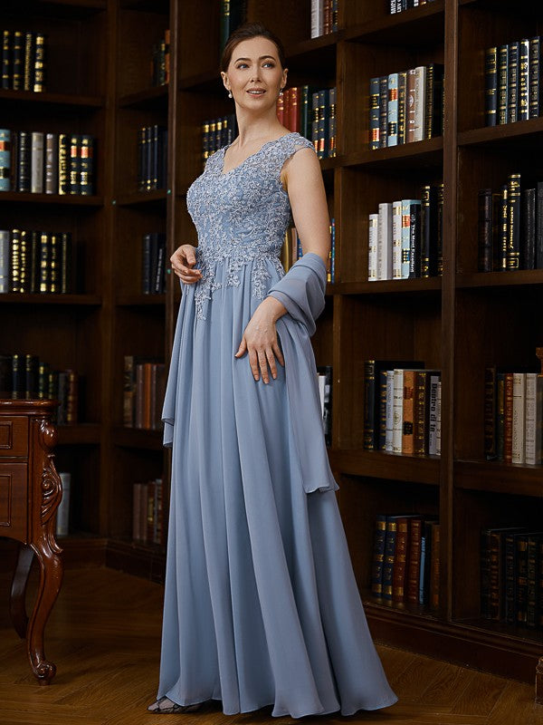 Nyla A-Line/Princess Chiffon Applique V-neck Sleeveless Floor-Length Mother of the Bride Dresses SWKP0020259