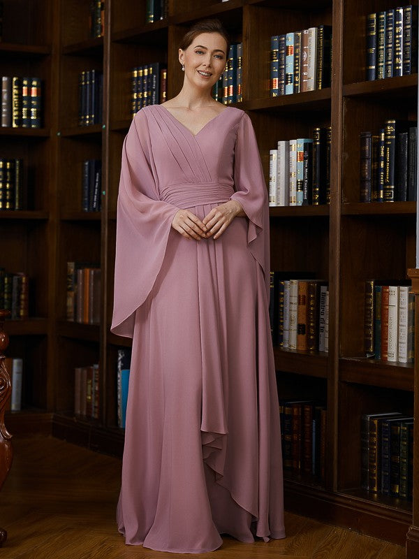 Nadia A-Line/Princess Chiffon Ruched V-neck 3/4 Sleeves Floor-Length Mother of the Bride Dresses SWKP0020251