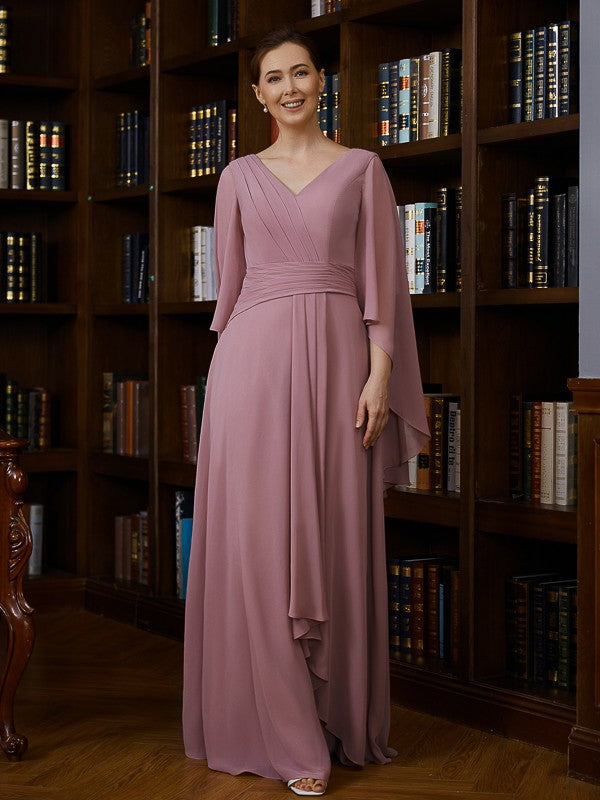 Nadia A-Line/Princess Chiffon Ruched V-neck 3/4 Sleeves Floor-Length Mother of the Bride Dresses SWKP0020251