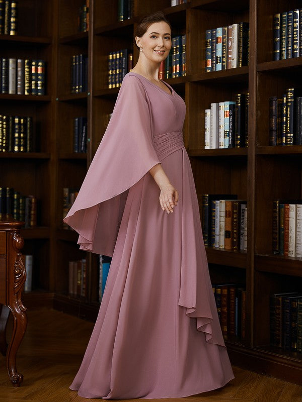 Nadia A-Line/Princess Chiffon Ruched V-neck 3/4 Sleeves Floor-Length Mother of the Bride Dresses SWKP0020251