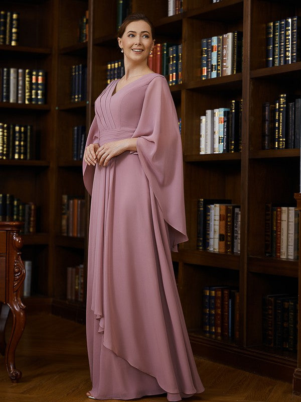 Nadia A-Line/Princess Chiffon Ruched V-neck 3/4 Sleeves Floor-Length Mother of the Bride Dresses SWKP0020251