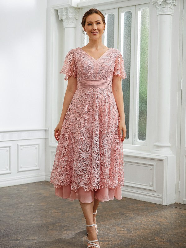 Malia A-Line/Princess Chiffon Applique V-neck Short Sleeves Tea-Length Dresses SWKP0020244