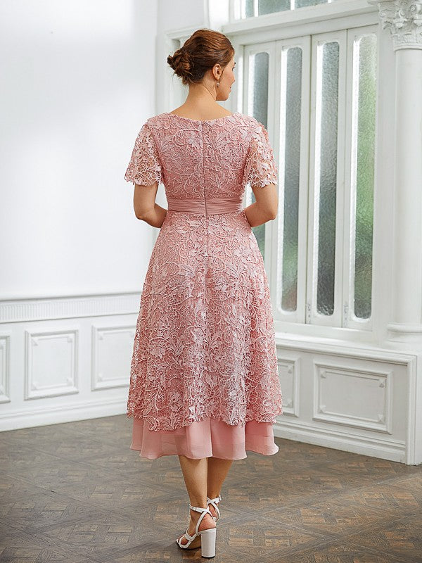 Malia A-Line/Princess Chiffon Applique V-neck Short Sleeves Tea-Length Dresses SWKP0020244