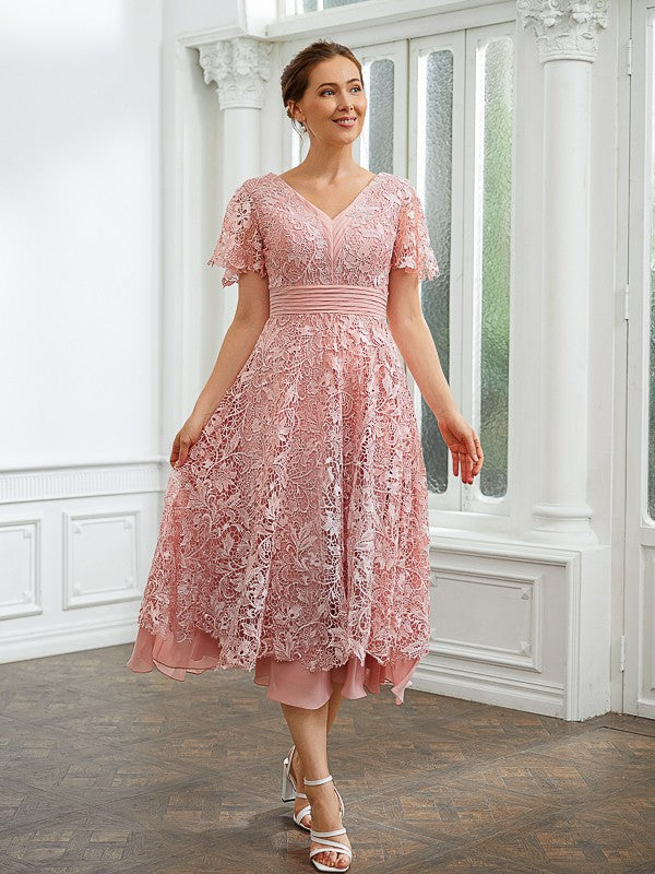 Malia A-Line/Princess Chiffon Applique V-neck Short Sleeves Tea-Length Dresses SWKP0020244