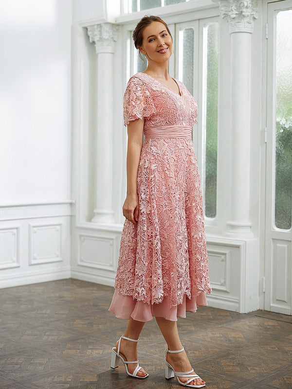 Malia A-Line/Princess Chiffon Applique V-neck Short Sleeves Tea-Length Dresses SWKP0020244