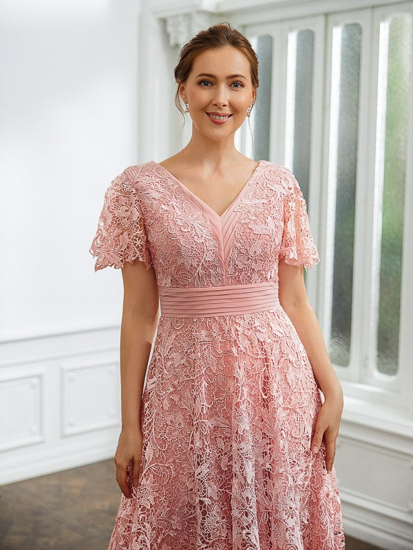 Malia A-Line/Princess Chiffon Applique V-neck Short Sleeves Tea-Length Dresses SWKP0020244