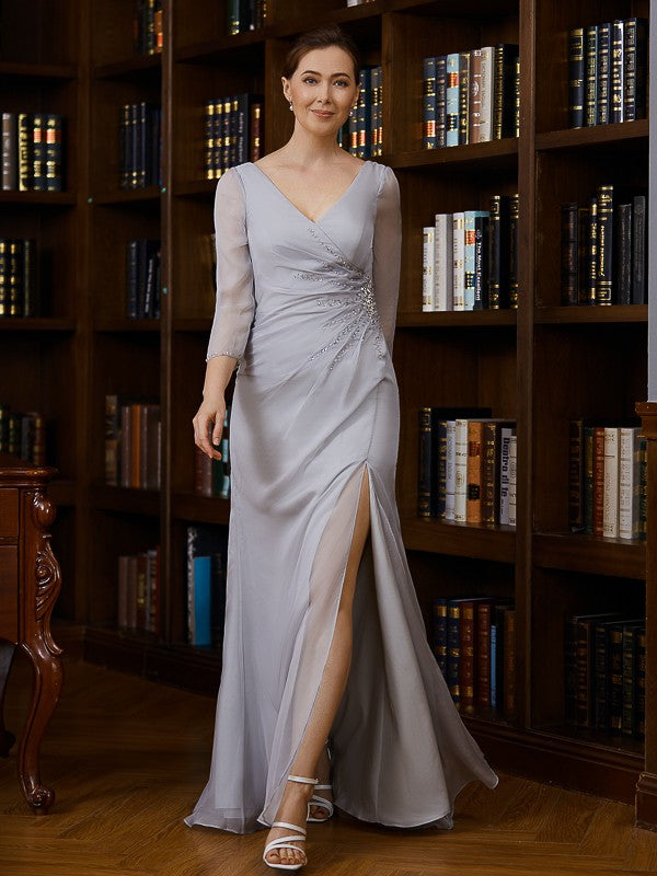 Luciana Sheath/Column 30D Chiffon Beading V-neck 3/4 Sleeves Floor-Length Mother of the Bride Dresses SWKP0020247