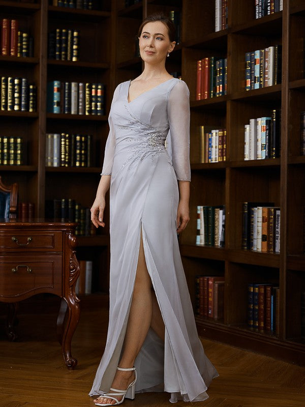 Luciana Sheath/Column 30D Chiffon Beading V-neck 3/4 Sleeves Floor-Length Mother of the Bride Dresses SWKP0020247