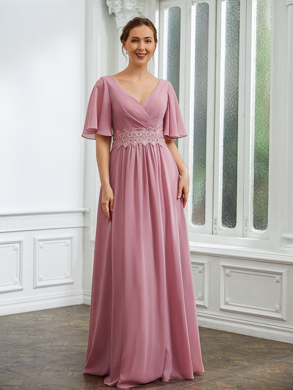 Reagan A-Line/Princess Chiffon Ruched V-neck 1/2 Sleeves Floor-Length Mother of the Bride Dresses SWKP0020248