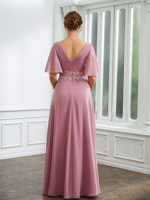 Reagan A-Line/Princess Chiffon Ruched V-neck 1/2 Sleeves Floor-Length Mother of the Bride Dresses SWKP0020248