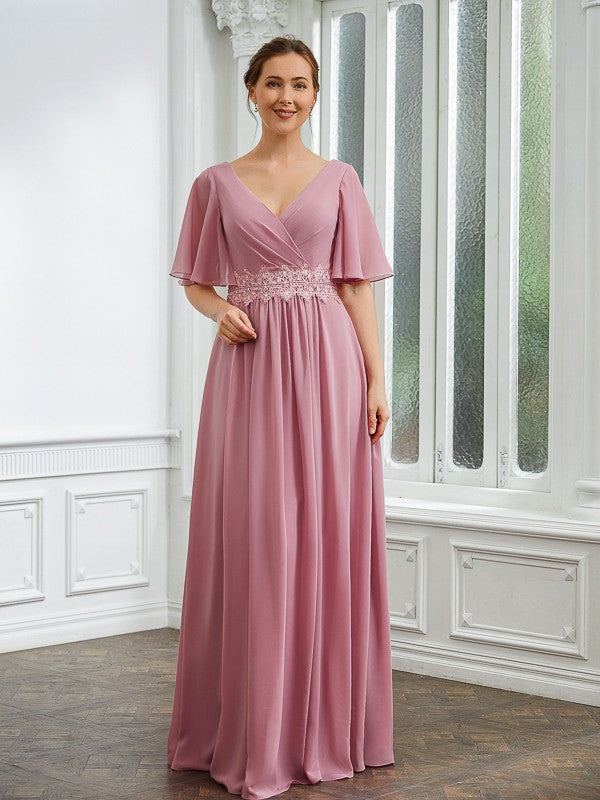 Reagan A-Line/Princess Chiffon Ruched V-neck 1/2 Sleeves Floor-Length Mother of the Bride Dresses SWKP0020248