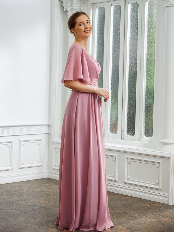 Reagan A-Line/Princess Chiffon Ruched V-neck 1/2 Sleeves Floor-Length Mother of the Bride Dresses SWKP0020248