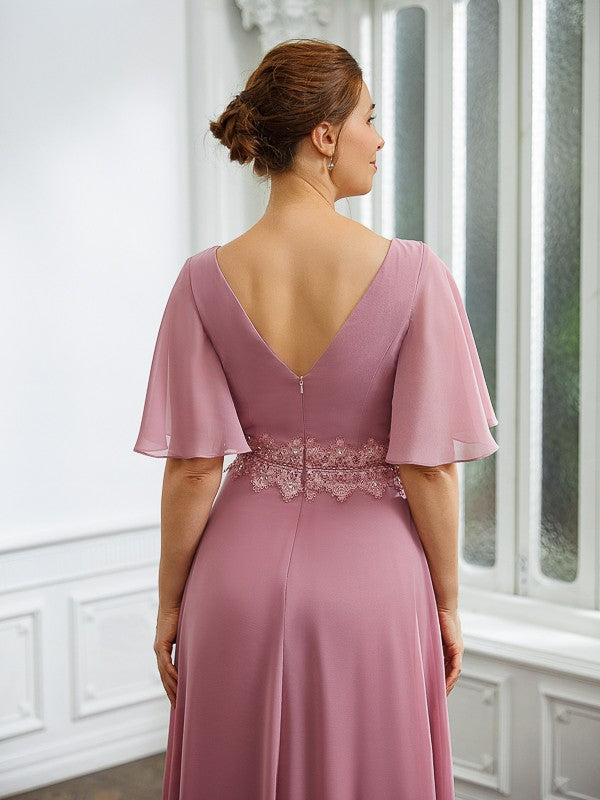 Reagan A-Line/Princess Chiffon Ruched V-neck 1/2 Sleeves Floor-Length Mother of the Bride Dresses SWKP0020248