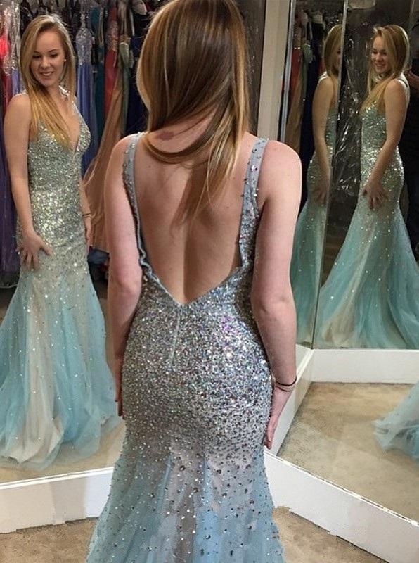 Backless Mermaid Beaded Long Tulle V-Neck Sleeveless Zipper-up Prom Dresses WK612