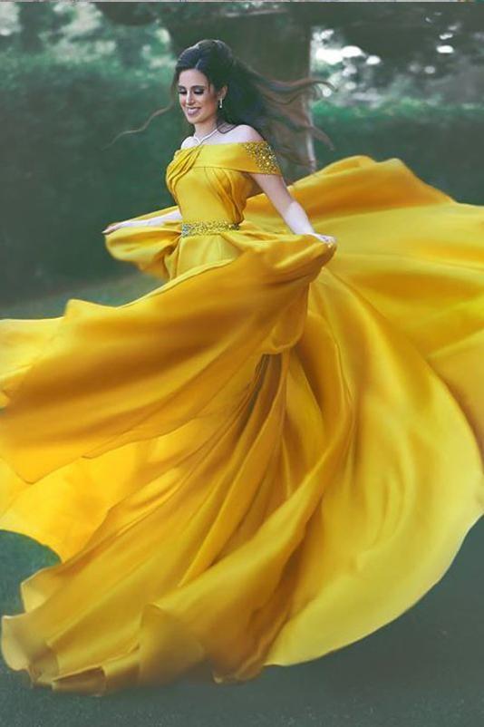 Stylish A-Line Off-Shoulder Yellow Chiffon Evening Dress with Beads Prom Dresses WK457