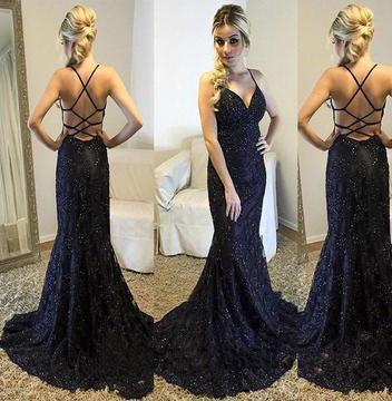 Spaghetti Straps V-Neck Black Mermaid Sparkly Sexy Beads Tulle Unique Prom Dresses WK400