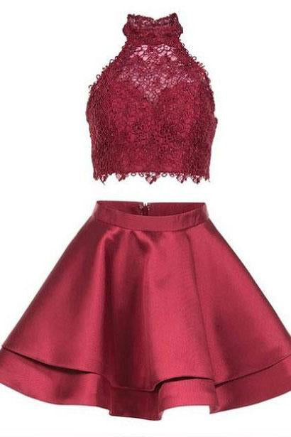 Princess Halter 2 Piece A-line Open Back Sleeveless Lace Mini Short Homecoming Dress WK246