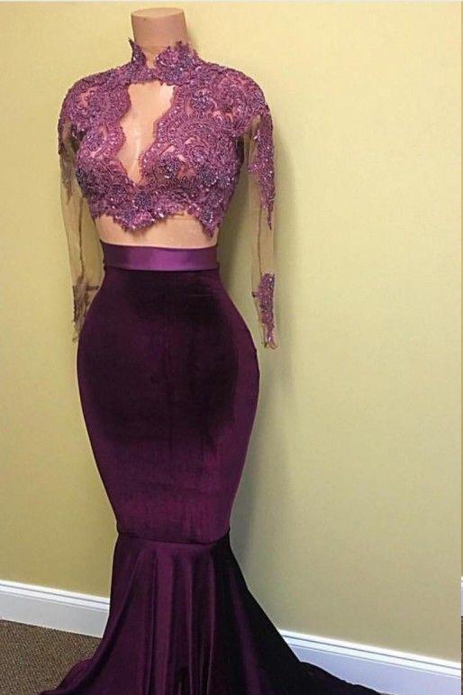 Elegant Long Sleeves Two Piece Mermaid High Neck Floor-Length Prom Dresses WK780