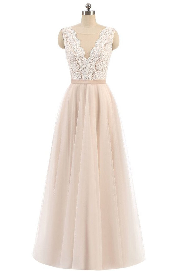 Elegant A Line Pink Tulle Lace High Neck Sleeveless Button Prom Evening Dresses WK598