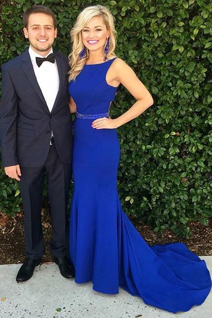 Royal Blue Scoop Mermaid Sleeveless Backless Beads Spandex Prom Dresses