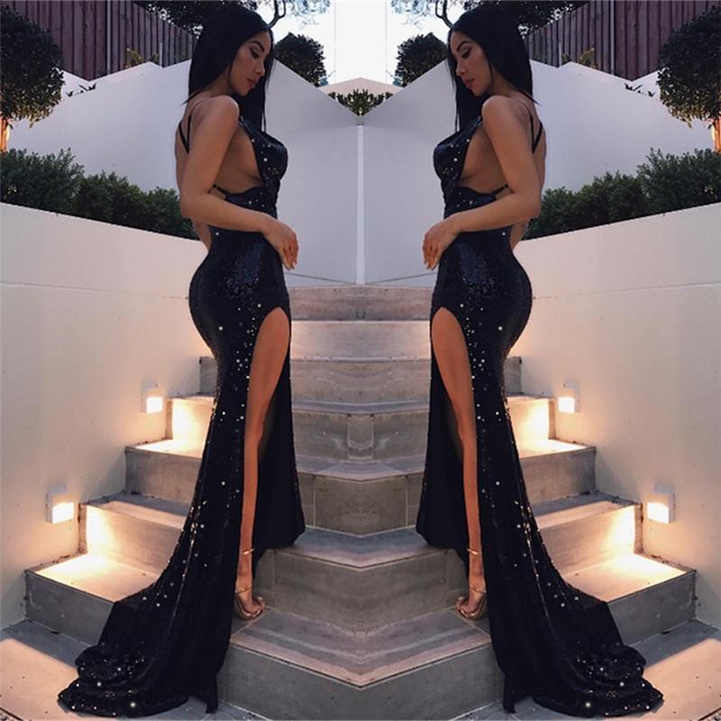 Black Criss-cross Sexy Split Latest Shiny Floor-length Mermaid Sleeveless Prom Dresses WK299