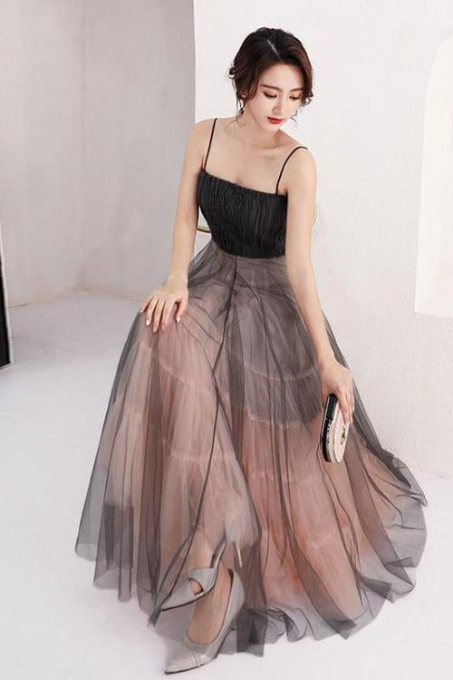 A Line Scoop Spaghetti Straps Black Tulle Prom Dresses Long Evening Dresses WK824