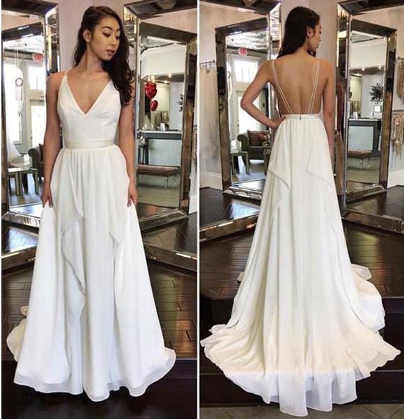 2024 Simple Cheap Sexy Ivory A-line Chiffon V-Neck Sleeveless Ruffles Backless Wedding Dress WK864