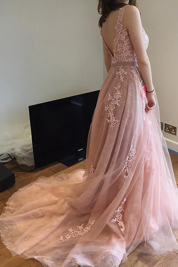 Charming Pink Lace Tulle Long A-line Open Back Elegant Little Train Wedding Dresses WK624