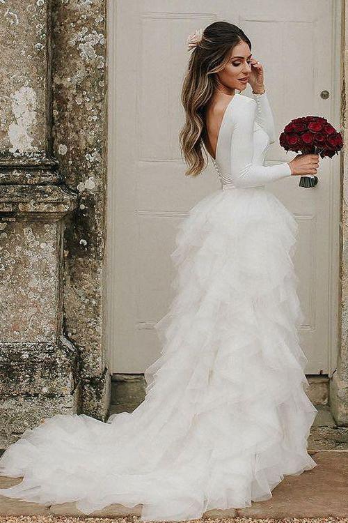 A-Line Round Neck Asymmetric Tulle Open Back Long Sleeves Wedding Dresses WK124