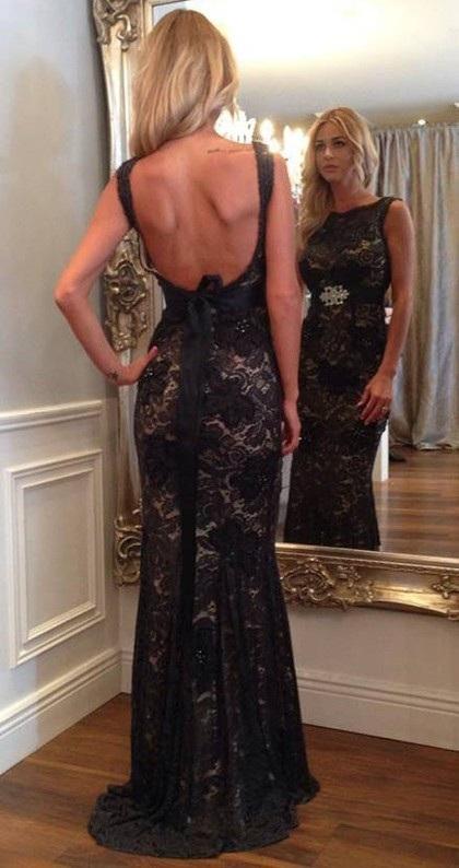 Long Prom Dresses Mermaid Scoop Neck Lace Beading Black Backless Evening Dress WK696